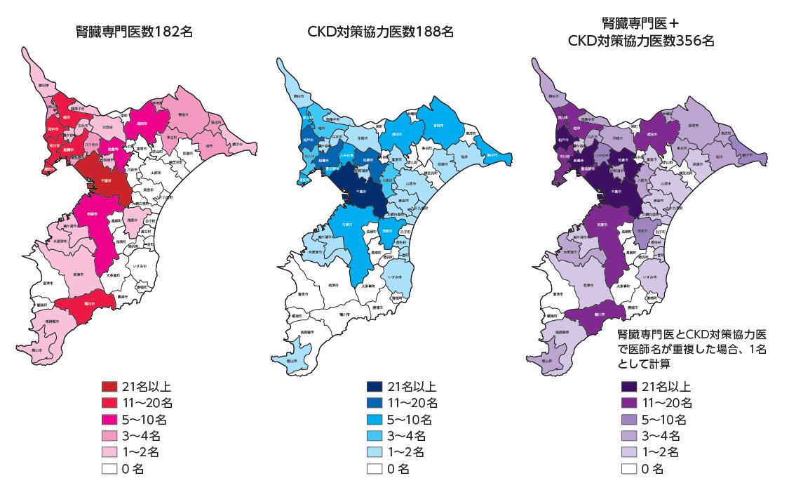 図3：千葉県における日本腎臓学会認定腎臓専門医数とCKD対策協力医数（市町村別、2021年10月時点）