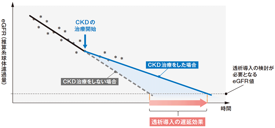 CKD 治療による透析導入時期の違い【模式図】