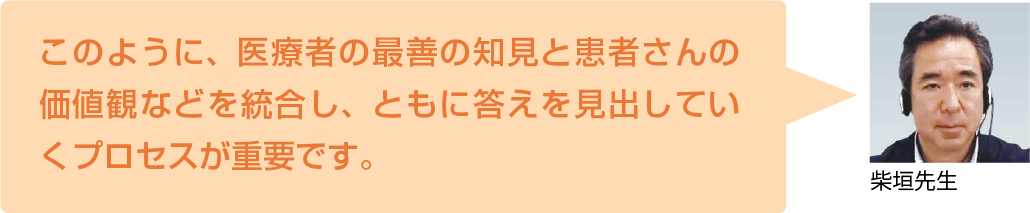 このように、医療者の最善の知見と患者さんの価値観などを統合し、ともに答えを見出していくプロセスが重要です。
